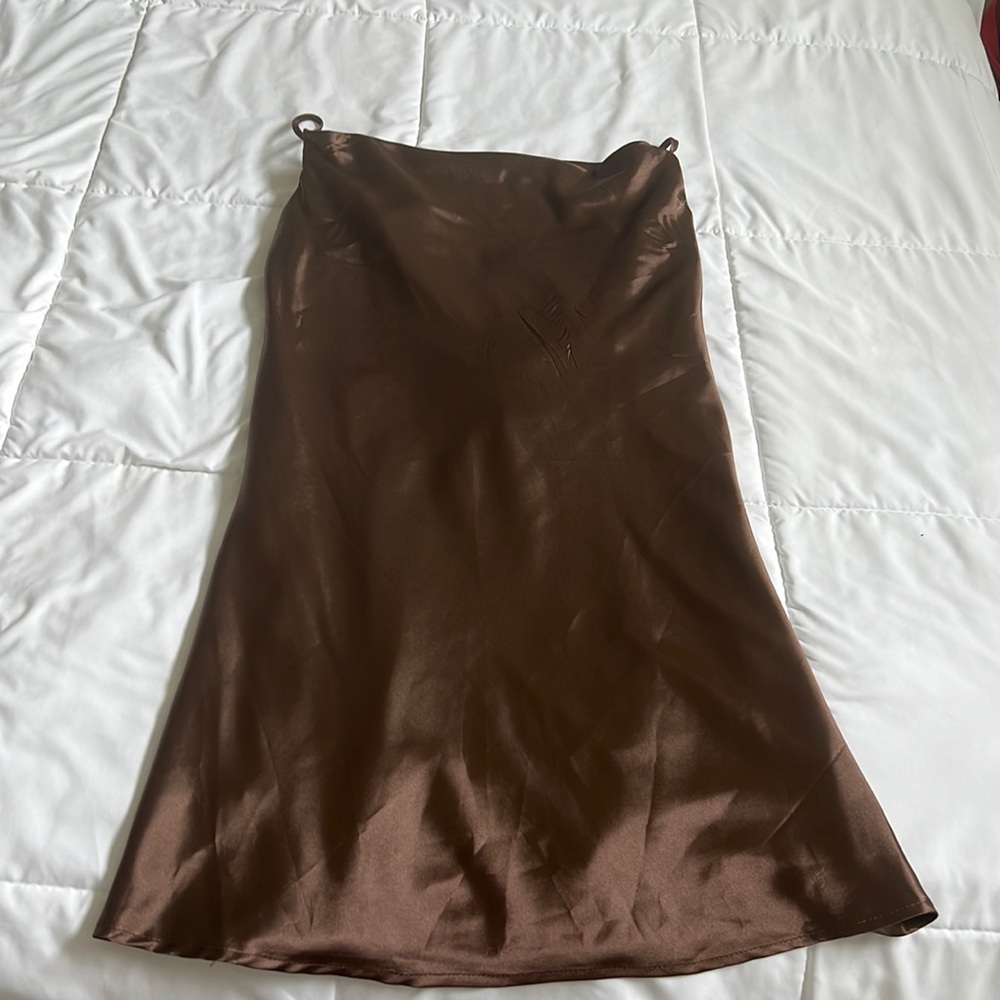 Brown satin silky cowneck crisscross dress